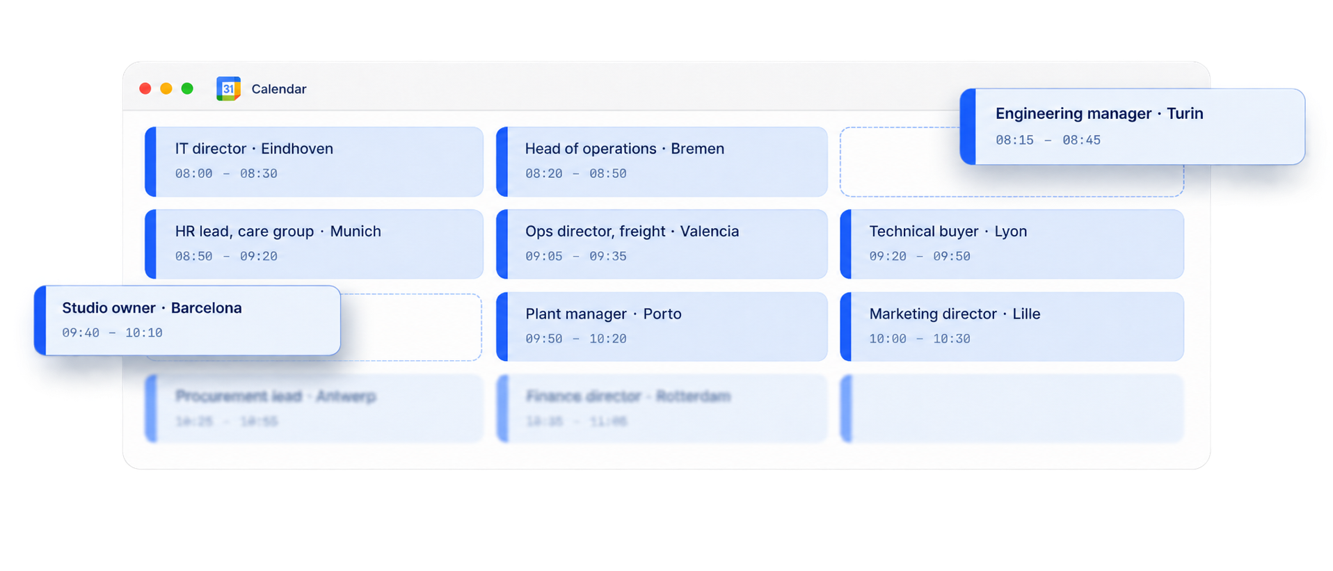 Specimen week showing eleven booked meetings with directors and heads of operations across Europe.